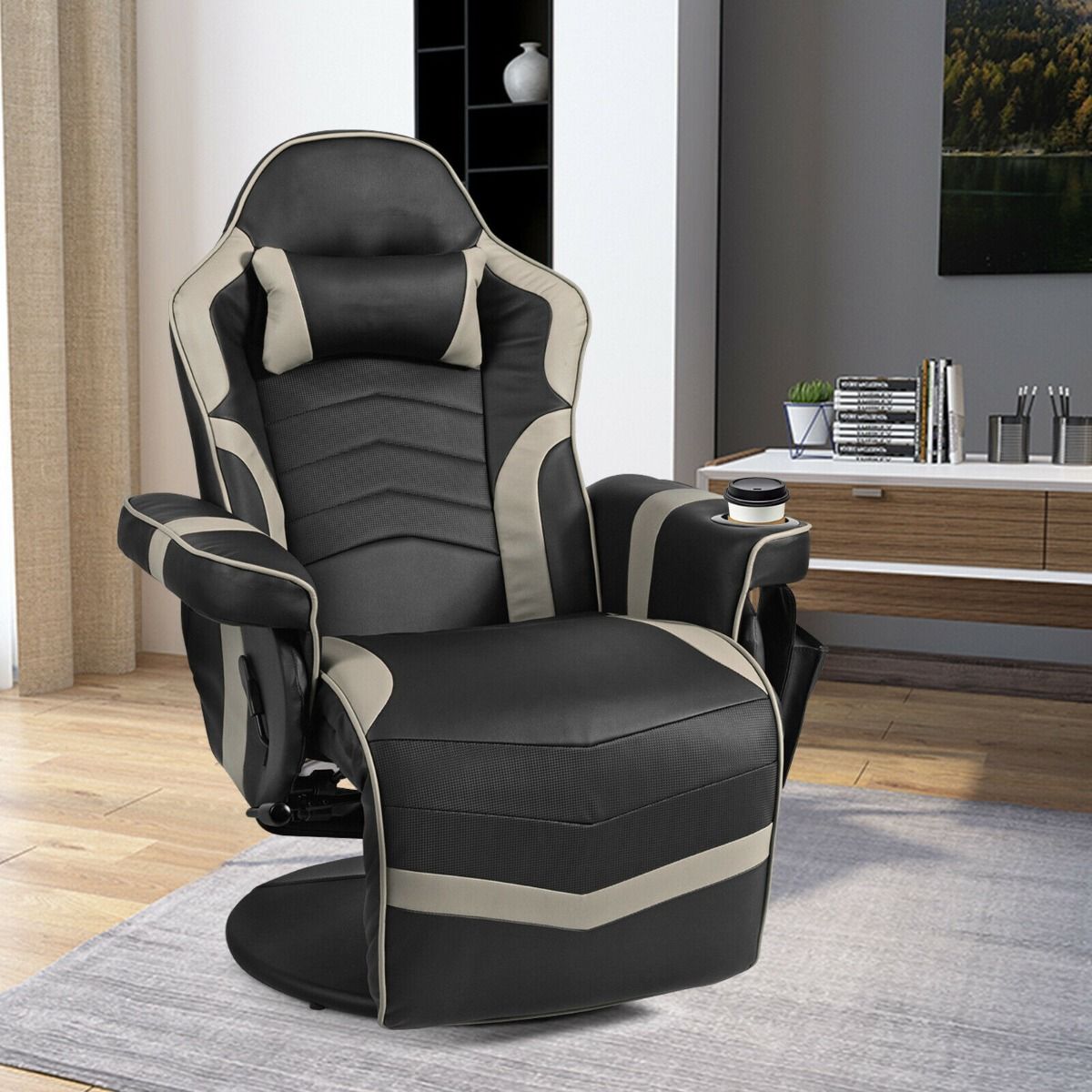 Electric Massage Gaming Chair with Cup Holder and Side Pouch Grey
